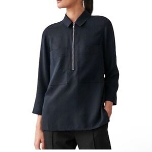 COS Black Half Zip Shirt Size 12 Lyocell Patch Pocket Minimalist Modern Top